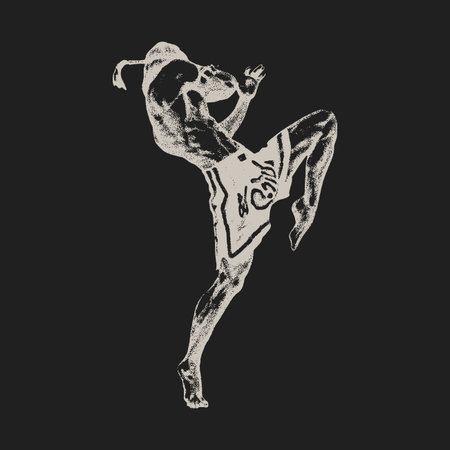 Muay Thai fighter, executing a powerful high kick. Retro photocopy effect in negative colorのイラスト素材
