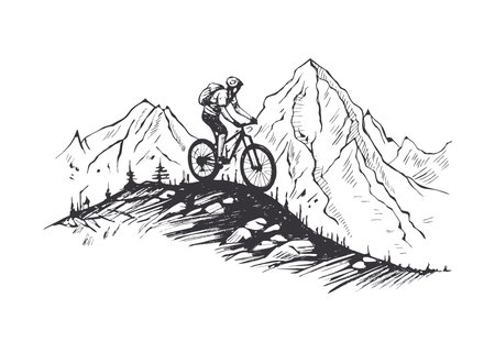 Hand drawn illustration of a mountain biker ascending a steep slope, with towering peaks in the background.のイラスト素材