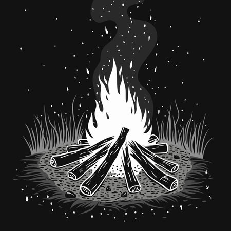 Dramatic black and white illustration of a roaring campfire under a starry night skyのイラスト素材