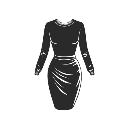 Sophisticated Black Dress with Long Sleeves and Waist Detailing.のイラスト素材