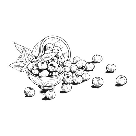 Healthy Blueberries in Rustic Wooden Bowl Line Art Illustrationのイラスト素材