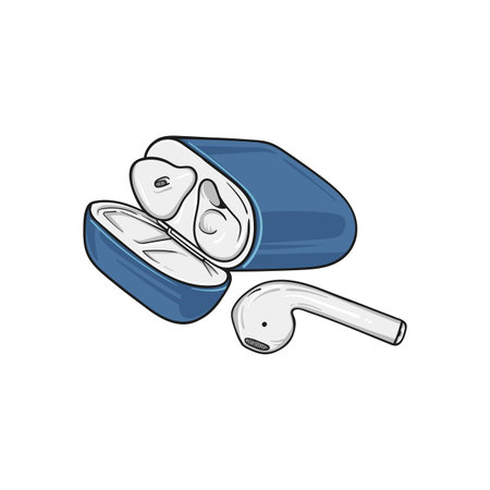 Modern White Earbuds and Blue Charging Case.のイラスト素材