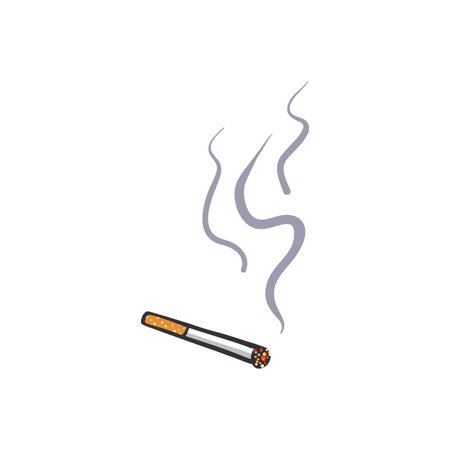 A lit cigarette with smoke rising, isolated on a white background. Simple illustration style.のイラスト素材