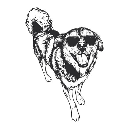 Black and white illustration features a joyful dog wearing sunglasses.のイラスト素材