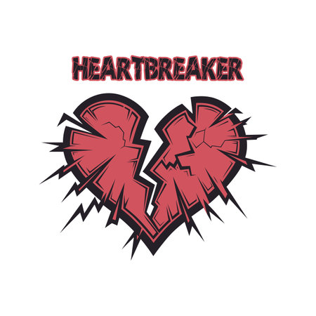 Shattered heart, rendered in a striking red with sharp black outlines, conveying a sense of emotional fragmentation.のイラスト素材