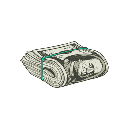 A folded stack of hundred-dollar bills secured with a green rubber band, rendered in a realistic style.のイラスト素材