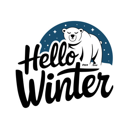 A polar bear under stars and the greeting "Hello Winter," perfect for winter themes.のイラスト素材