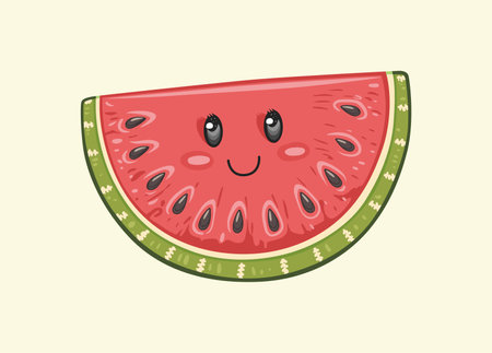 Cheerful cartoon watermelon slice, featuring vivid red flesh and contrasting green rind..のイラスト素材
