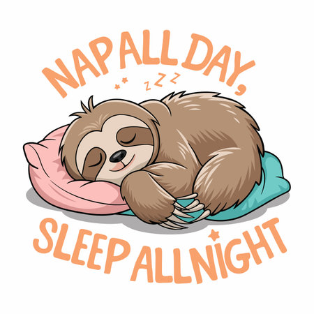 Cute sloth resting on a vibrant pink pillow and soft blue blanket.のイラスト素材