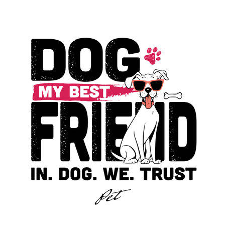 Stylish illustration of a dog in sunglasses, with playful phrases and pet motifs.のイラスト素材