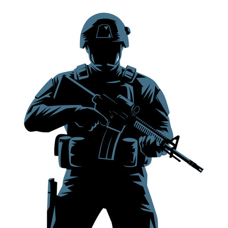 Graphic of a combat-ready soldier in gear, featuring a rifle and body armor.のイラスト素材