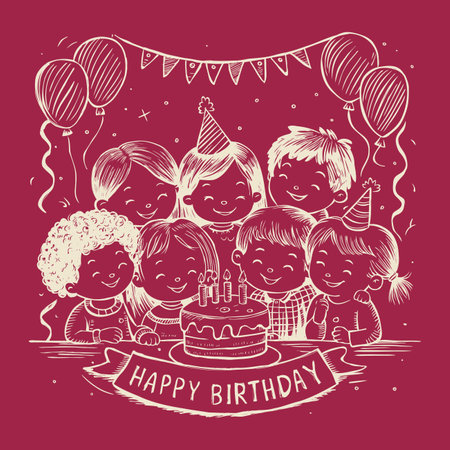 Hand-drawn illustration of six cheerful children gathered around a birthday cake.のイラスト素材