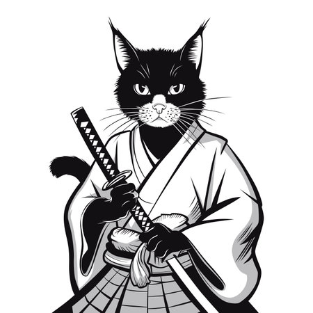 Warrior cat illustration in samurai clothing with a katana and intense expression.のイラスト素材