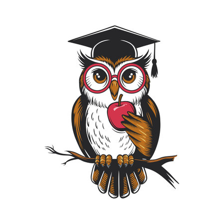 Scholarly owl graphic perched on a branch with a graduation cap.のイラスト素材