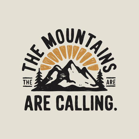 Vintage mountain illustration with snowy peaks and sunrise.のイラスト素材