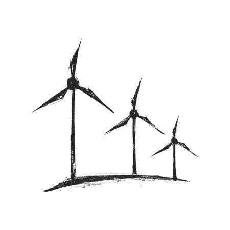 Artistic monochrome drawing of three wind turbines standing atop a hill.のイラスト素材