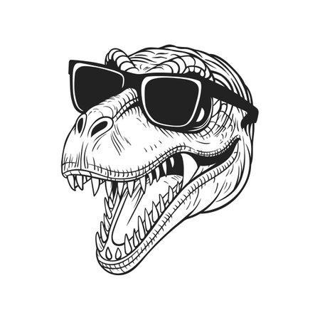 Detailed black-and-white illustration of a dinosaur head wearing stylish sunglasses.のイラスト素材