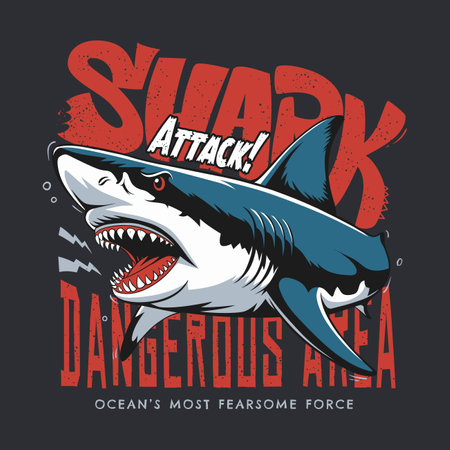 Aggressive shark with jagged teeth and distressed red SHARK ATTACK! lettering.のイラスト素材