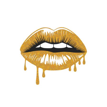 Glossy lips coated in shimmering gold glitter, featuring a captivating dripping effect.のイラスト素材