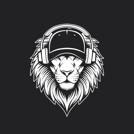 Black-and-white illustration of a lion sporting headphones and a baseball cap.のイラスト素材