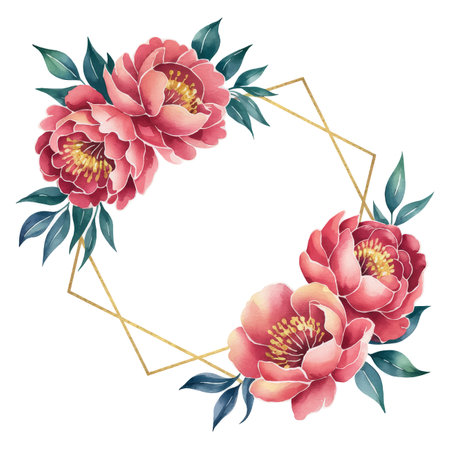 Watercolor pink peony floral border in a gold geometric frame.のイラスト素材
