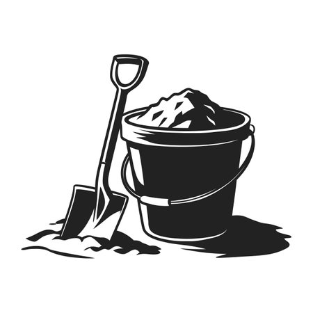 Monochrome graphic of a sand bucket and spade.のイラスト素材