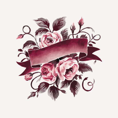 Watercolor floral rose banner with green leaves.のイラスト素材