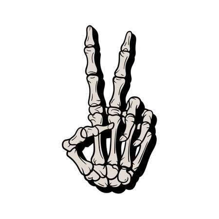 Skeletal hand making a peace sign, detailed illustration with shading.のイラスト素材
