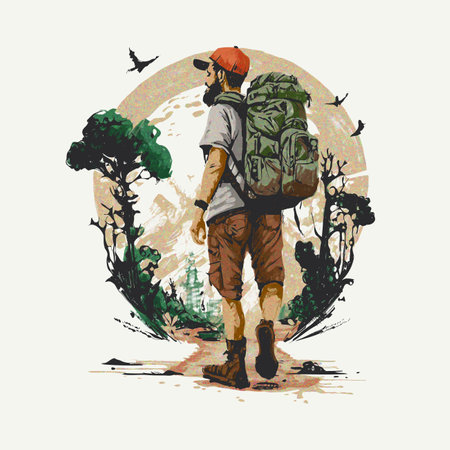 Illustration of a man hiking with a large backpack in a scenic environment.