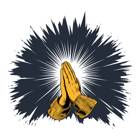 Clasped hands in prayer, illuminated by radiating light against a dark burst background.のイラスト素材
