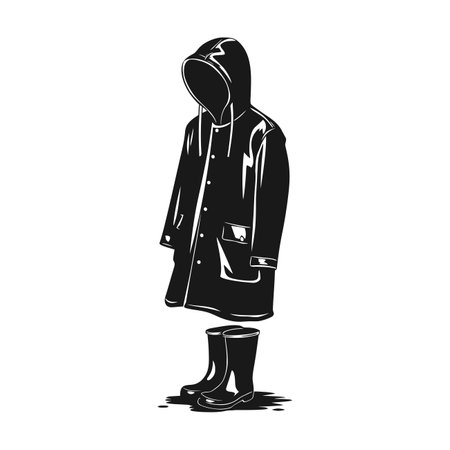 Monochrome silhouette of a raincoat and rubber boots.のイラスト素材