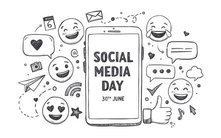 Monochrome doodle art for Social Media Day on a smartphone screen.のイラスト素材
