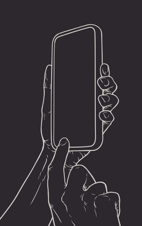 Hand operating a modern smartphone with empty screen.のイラスト素材