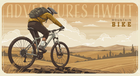 Retro poster art depicting a lone cyclist riding through a vast, undulating landscape.のイラスト素材