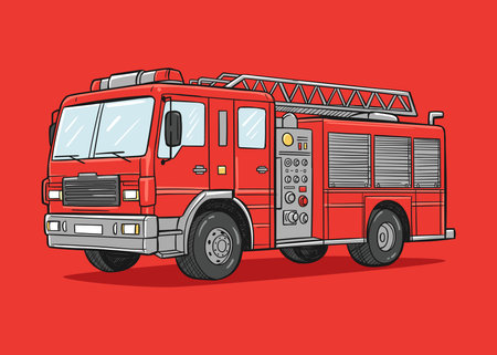 Illustration of a red fire truck with a ladder and hose, ready for action.