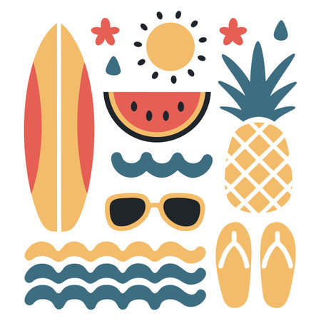 Cheerful summer vacation illustration with various seaside symbols.
