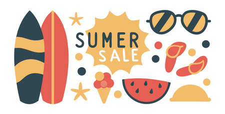Colorful Summer Sale banner with playful beach and vacation themed illustrations.