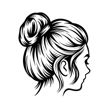 Stylized vector line art of a woman's head with a chic, textured bun.のイラスト素材