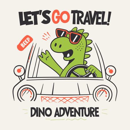 Fun adventure-themed art featuring a dinosaur behind the wheel.のイラスト素材