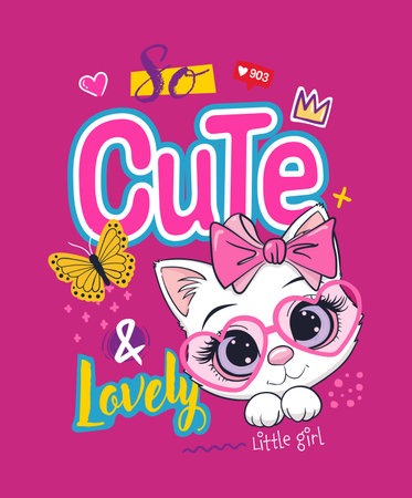 Cartoon Cute and Lovely Kitten with Heart Glasses on Pink Background Illustration.のイラスト素材