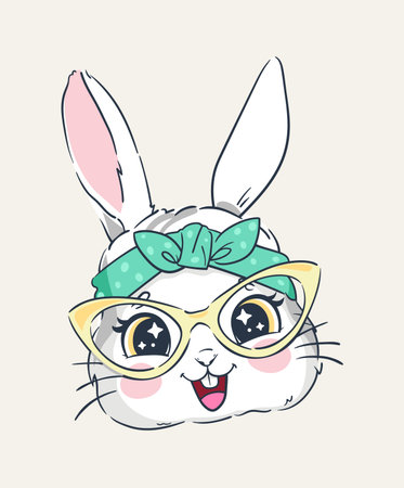 Adorable Cartoon Style Rabbit Face with Glasses and Headband Illustration.のイラスト素材