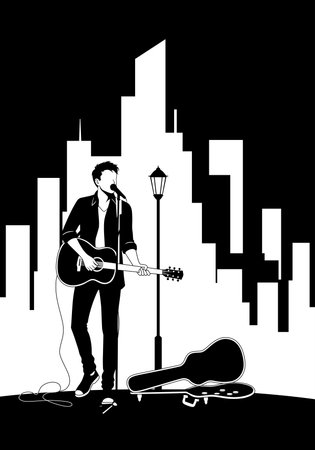 Minimalist Black and White Musician Performing with Guitar Against Cityscape Illustration.のイラスト素材