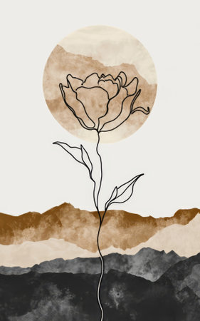 Minimalist Line Art Flower and Mountain with Circle Illustration.の素材