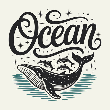 Decorative Ocean Whale and Dolphin Illustration with Handwritten Lettering Style Art.のイラスト素材