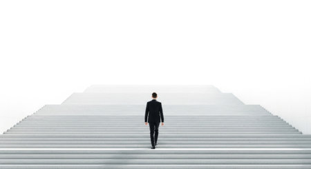 Minimalist Rear View of Businessman Ascending Staircase to Success.の素材
