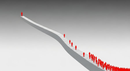 Minimalist Illustration Crowd Following Leader on Staircase to Success Concept.の素材