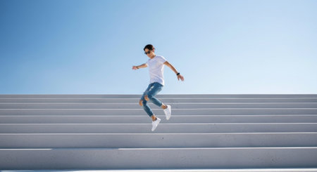 Energetic Youthful Man Mid Air Jump on Staircase in Daylight.の素材
