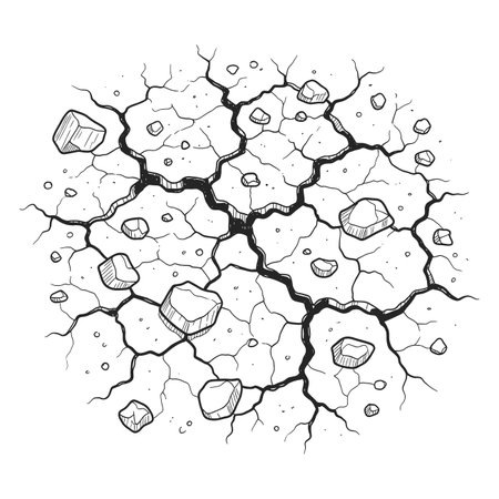 Hand drawn Outline Cracked Ground Surface with Rocks and Debris Illustration.のイラスト素材