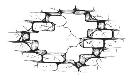 Hand drawn Illustration Broken Brick Wall with Hole Line Art Style.のイラスト素材