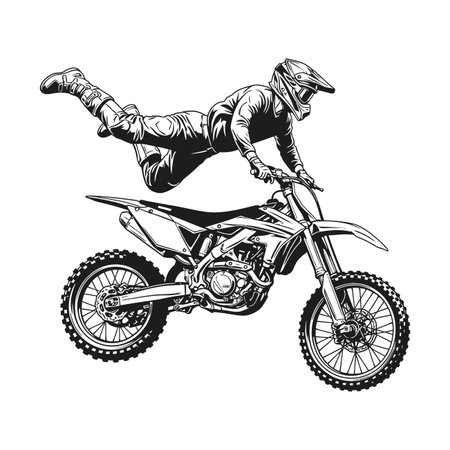 Detailed Line Art Motocross Rider Jumping Freestyle Sport Bike Illustration.のイラスト素材